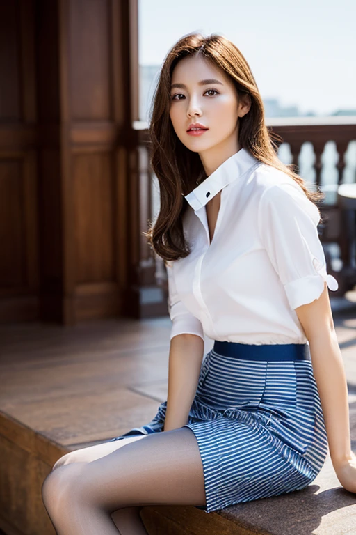 Highest quality、Ultra-high resolution、(Full Body Portrait)、(colored shirt with collar)、(Striped long skirt:1.3)、(silk pantyhose)、High heels、Both legs look beautiful、Sitting pose、1 girl、Large Breastodern architecture in the background、(Perfect Anatomy, Perfect body, Perfect hands, Perfect Face, Perfect Eyes, Accurate, Anatomically correct), Perfectly clear and sharp focus, Highest quality、Ultra-high resolution, masterpiece, Ultra-realistic、Professional Lighting