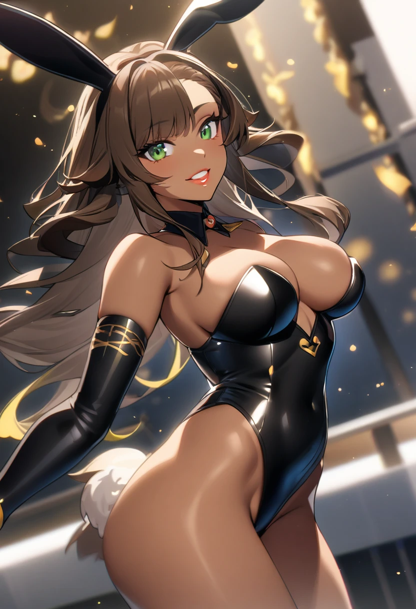 1girl, 独奏,black dark skin,breasts,thighs,dark-skinned female, green eyes, long hair, smile,Dynamic Angle,Bunny Suit,Brown Hair,Sexy lips