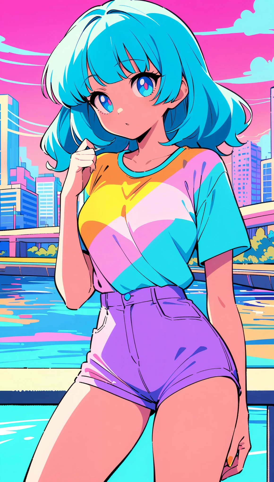 masterpiece, Highest quality, Beautiful attention to detail, Very detailed, In detail, High resolution, Perfect ???????, colorful, pastel colour, One girl, alone, (City pop illustrations), (City Pop Art), Simple Background, Retro Style, (Vaporwave City Pop), (1980s City Pop), (City Pop Anime), (river, bridge), Retro Style, 1980s Fashion, Cowboy Shot,