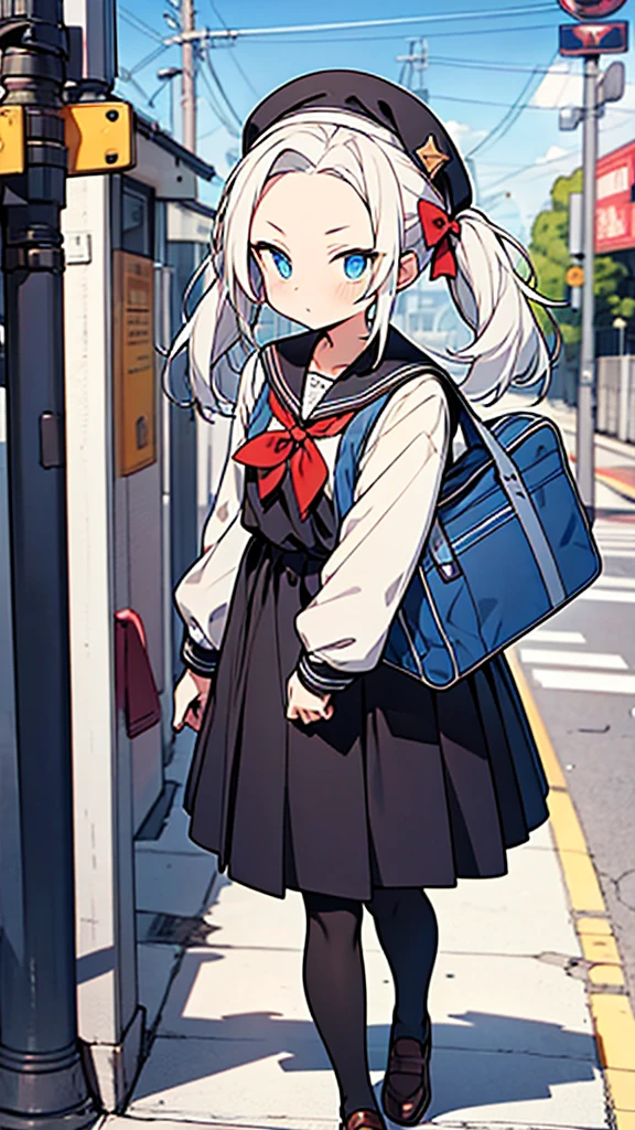 God Work Illustration,anime style,Forehead showing, twintail hair, white hair, blue eyes, school sailor uniform and black school pantyhose,beret,holding teacher's canee,scornful eyes,13yo and 120cm,forehead,1 school bag,walking In school zone,