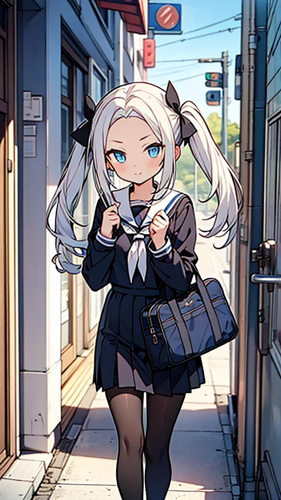 God Work Illustration,anime style,Forehead showing, twintail hair, white hair, blue eyes, school sailor uniform and black school pantyhose,beret,holding teacher's canee,scornful eyes,13yo and 120cm,forehead,1 school bag,walking In school zone,