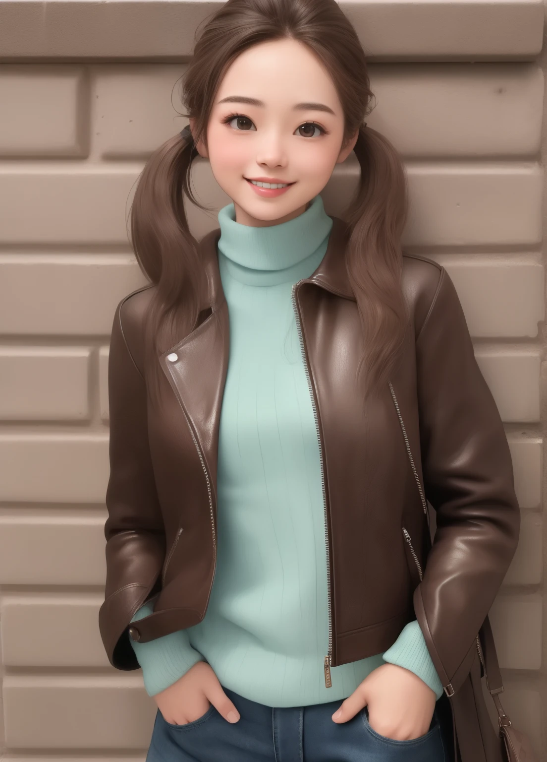 (masterpiece、Highest quality、Highest quality、Official Art、Beautiful and beautiful:1.2)、(One girl:1.3)Hatsune Miku、Twin tails,Beautiful breasts, photograph, Ultra-realistic, Extremely detailed, masterpiece, Highest quality, Perfect Skin,Day焼け肌, One girl, alyxvance,Day, Are standing, Leaning against a wall, Dutch Angle,Modern city, jeans, leather jacket,Long sleeve, Brown eyes,smile, Happy, Portraiture, Upper Body, Brown lipstick,Shiny Hair, Handbag