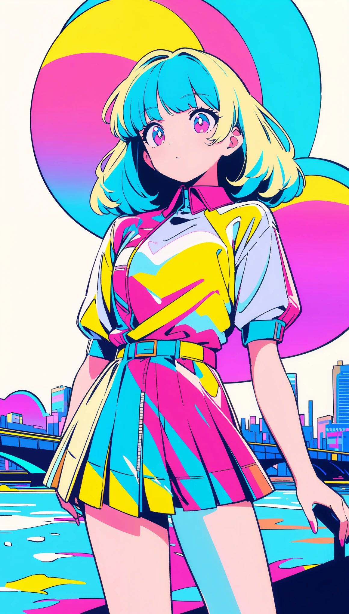 masterpiece, Highest quality, Beautiful attention to detail, Very detailed, In detail, High resolution, Perfect Anatomy, colorful, pastel colour, One girl, alone, (City pop illustrations), (City Pop Art), Simple Background, Retro Style, (Vaporwave City Pop), (1980s City Pop), (City Pop Anime), (river, bridge), Retro Style, 1980s Fashion, Cowboy Shot,