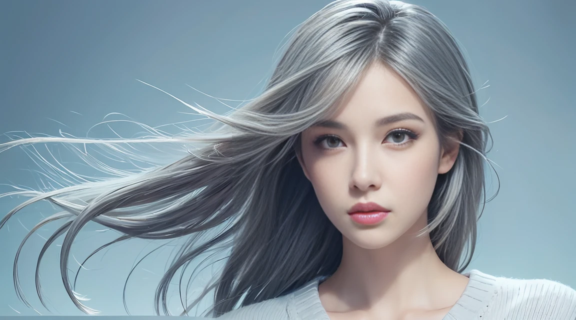 Beautiful young man, shoulder-length hair, straight hair, dull light blue hair, white high-neck sweater, long narrow eyes, grey eyes, beautiful lips suitable for lip-syncing, front view, waist-up composition, nice, handsome, high quality, amount of drawing, pixiv illustration