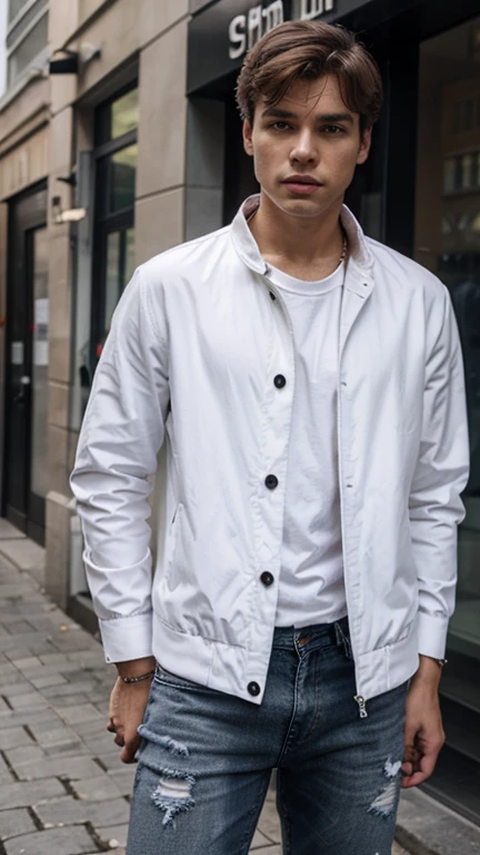 solo , 1man , white jacket , shirt with collar , black jeans