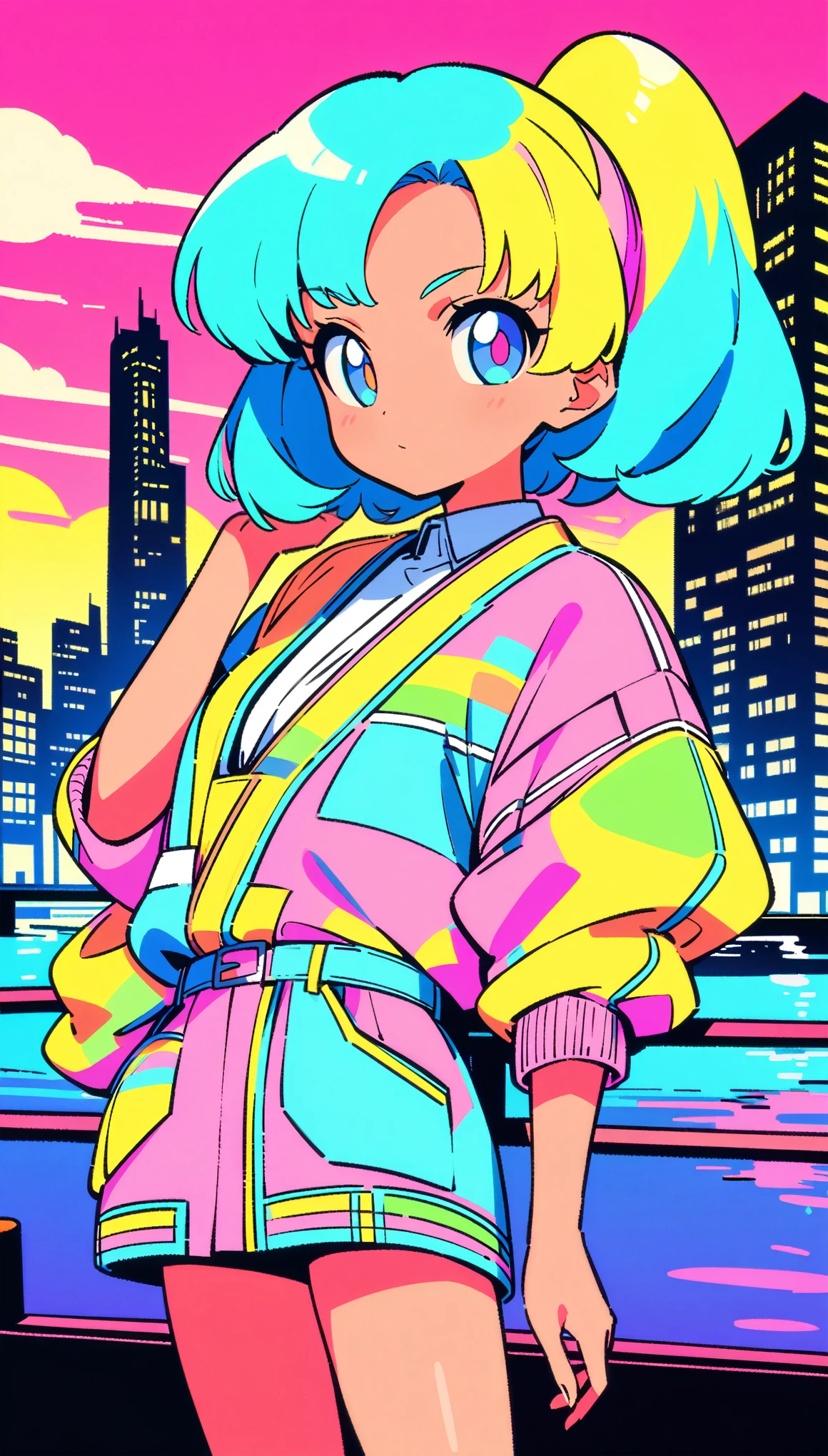masterpiece, Highest quality, Beautiful attention to detail, Very detailed, In detail, High resolution, Perfect Anatomy, colorful, pastel colour, One girl, alone, (City pop illustrations), (City Pop Art), Simple Background, Retro Style, (Vaporwave City Pop), (1980s City Pop), (City Pop Anime), (river, bridge), Retro Style, 1980s Fashion, Cowboy Shot,