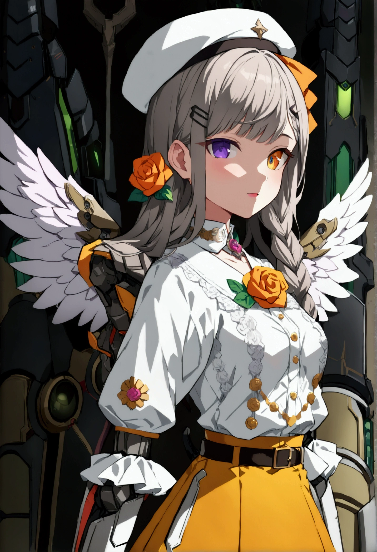 woman 165cm tall, (whole body: 1.5), slim build, small face, , charming look, wide hip, ((heterocromia: ojo right naranja y ojo izquierdo violeta)), (neck length fluffy wavy gray hair, a medium braid on the left side of the hair: 1.2, big open bangs, largo flequillo en el lado izquierdo y right del cabello sobre las mejillas , golden gear hairpin on the left side of the hair: 1.1), (((complex mechanical legs up to the hip, The legs are black with gray parts and small pink details))), (((complex mechanical arms up to the elbows, The arms are black with gray parts and small pink details))), ((a pair of complex white mechanical angel wings with pastel green parts)), (elegant black French beret, orange rose ribbon on the beret: 1.2), (stylish white short sleeve button down shirt, dark brown shorts with straps from the waist, elegant black belt, small rose brooch on shirt collar, beautiful mechanical stilettos, large side pocket on the belt), (((full body character design sheet: vista 3/4))), ((Pastel yellow background)), extremely detailed hair, beautiful detailed clothing, extremely detailed arms, extremely detailed face, (Extremely detailed hands), perfect hands, beautiful detailed eyes, beautiful detailed lips, adorable, extremely detailed legs, (Best Quality, 8k, ultra resolution), ultra detailed, Exquisite and epic character art, (Focus on symmetry), (extremely detailed wings), (body position: standing, right, symmetrical), looking at the viewer.