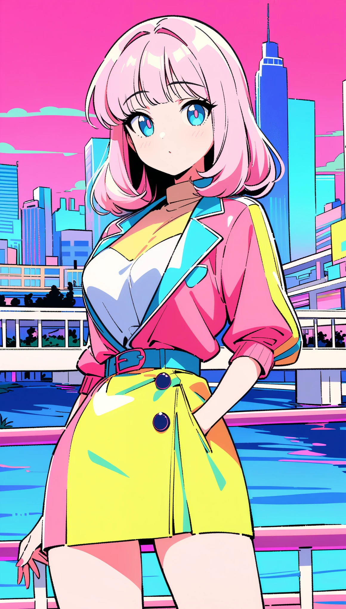 masterpiece, Highest quality, Beautiful attention to detail, Very detailed, In detail, High resolution, Perfect Anatomy, colorful, pastel colour, One girl, alone, (City pop illustrations), (City Pop Art), Simple Background, Retro Style, (Vaporwave City Pop), (1980s City Pop), (City Pop Anime), (river, bridge), Retro Style, 1980s Fashion, Cowboy Shot,