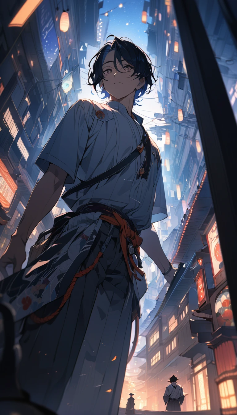 Solo man wearing uniform, masterpiece, beautiful lights, ultra detailed, combination of traditional Japanese and western style, hazy atmosphere, Meiji art, fish-eye lens, dramatic contrast