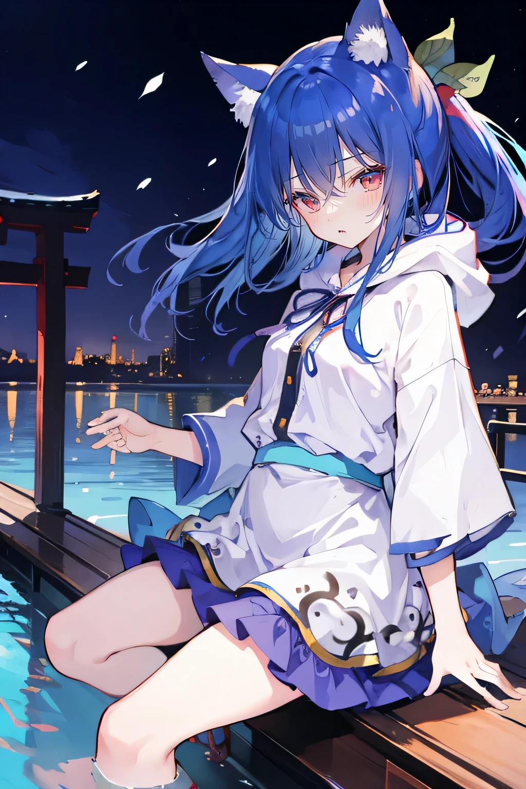 （masterpiece：1.2），Super detailed，lifelike，Expressive eyes，fair skin，perfect face shape，1 girl，
Japanese comics,Gorgeous blue hair,flowing blue hair,flowing clothes,Cat ears,Petals fall,beautiful lola,Baby Angel,
Shaking head with one hand，Cross your legs，Gentle and peaceful background，The pavilion is cool and comfortable,smile, wearing hoodie, background of tokyo,back views,snowing, winter,lie on the water,Reflection on the surface of the water。