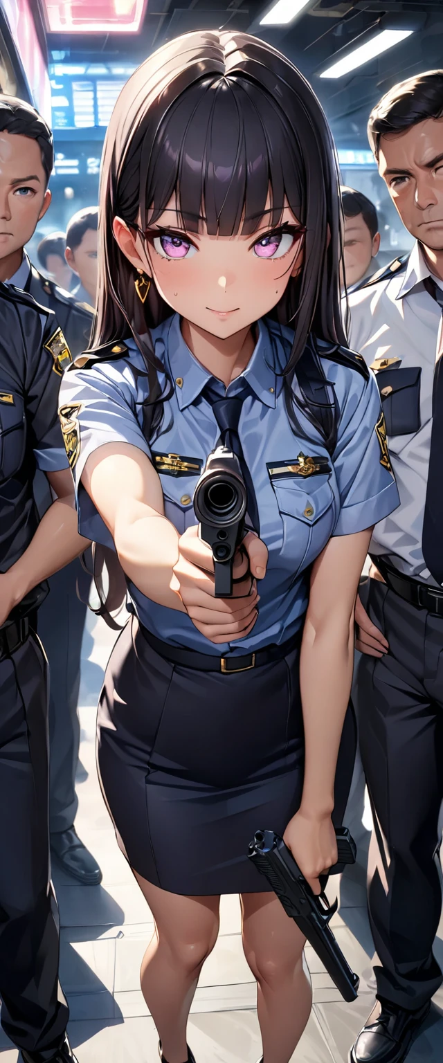 (Perfect Anatomy)、Mastepiece、Ultra High Quality、 8k、masterpiece、Highest quality、Ultra-high resolution、Maximum resolution、Very detailed、Professional Lighting、anime、woman、thin、Very beautiful face、Very beautiful eyes、(Highly detailed eye)、Highly detailed face, Golden earrings、Black Hair,、Pink eyes, police uniform, Braiding、Straight bangs, full body, standing, (((hold a gun and take aim)))