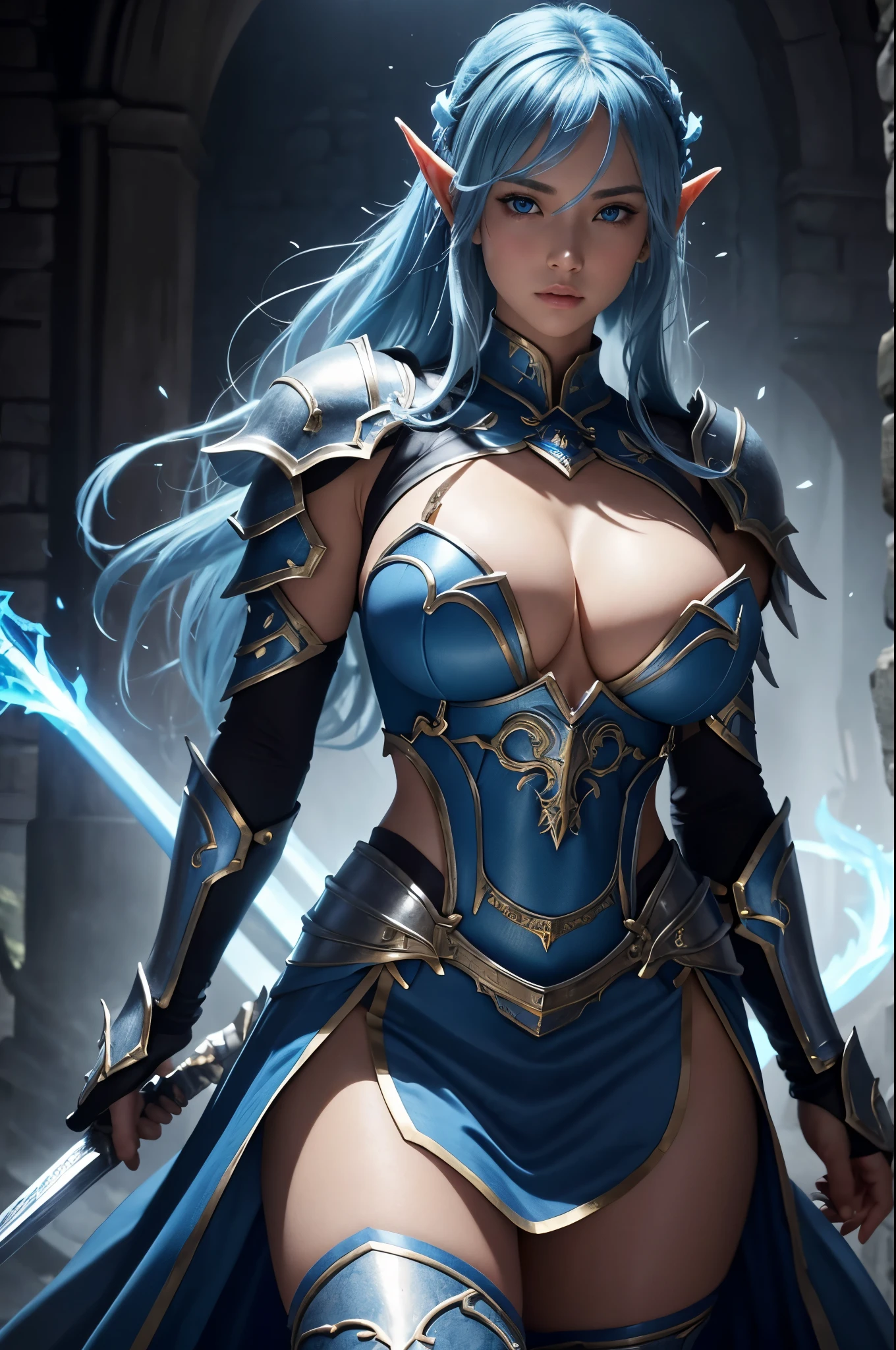 8k、A dark elf paladin in gorgeous blue and white chest armor..、Super Beauty(Realistic)、Tan Skin、Elf Ears、Model Chute Style、(非常にdetailedなCGユニティ8k壁紙)、Full body photos of the most beautiful works of art in the world、Front 4 poses、Blue Hair、Gorgeous blue and white long combat skirt、diamond、Medieval architecture、It was a hot topic on Art Station.、CG Trends、detailed、Every detail、Sharp focus、very, very big breasts、blue eyes、audience、Beautiful expression、Accentuate your cleavage、Beautiful decoration、very大きな笑顔、make、Inside the cave、Tan Skin、Beautiful Blue Hair,Rich colors、Backlight、Cinema Lighting、Film Grain、50mm lens、Nikon D850、Ultra-high resolution、Ultra-realistic、Dynamic fighting pose、In a dark dungeon、compensate,He has a light blue and silver sword,Tan Skin,very, very big breasts,Holy Knight,Russian women,Very large breasts,Blue and white long combat skirt,青と白のVery large breastsのセクシーなプレートの胸鎧(Precise flame work),