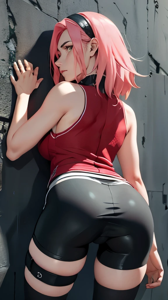 chedevr, Best quality at best, 1 girl, Sakura Haruno, big ,red clothes,Grew, to be sexy,Very angry,with pink hair, long pink hair, (green eyes:1.4), Forehead Protection,ideal figure,Behind,Портрет в полный рост Behind,in the cell,standing on his feet, сильно bent over вперед, face pressed against the wall ,legs straight, leans his hands on the wall, the back is arched back, tight black glossy bicycle shorts, lower body close up , butt raised up, bent over