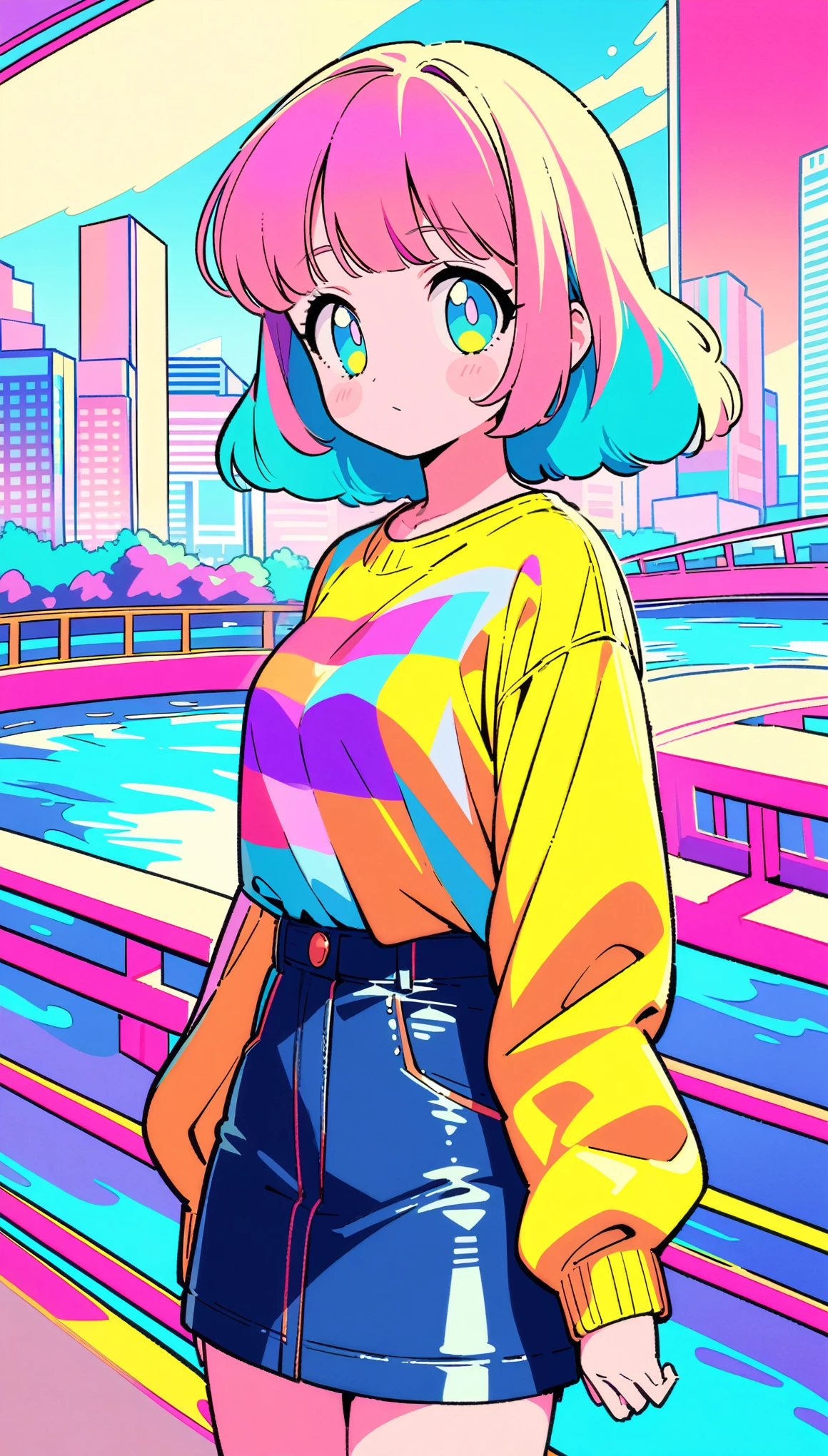 masterpiece, Highest quality, Beautiful attention to detail, Very detailed, In detail, High resolution, Perfect Anatomy, colorful, pastel colour, One girl, alone, (City pop illustrations), (City Pop Art), Simple Background, Retro Style, (Vaporwave City Pop), (1980s City Pop), (City Pop Anime), (river, bridge), Retro Style, 1980s Fashion, Cowboy Shot,