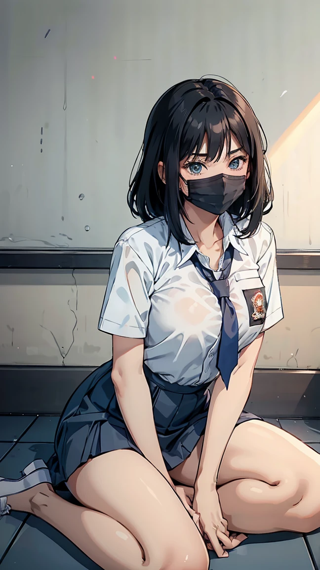1 woman, 17 years old, (long haircut, black hair), scared face expression, plump body, blue eyes, Indonesian high-school uniform, (wearing transparent white shirt, showing bra), osis logo on shirt pocket, huge XL , light-grey pleated skirt, sitting down, seductive pose, full body shot, blush, shy face, looking_at_viewer, wear a mask, surgical mask fit his face, in the classroom,