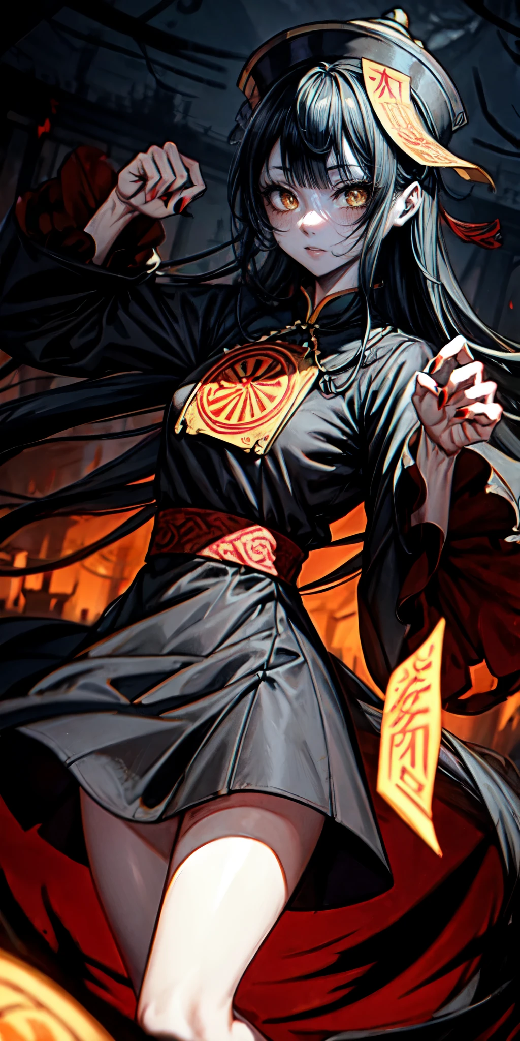 lora:flat:-1.2, masterpiece, best quality, 4k, 8k, 1 woman, solo, pale skin, tall stature, long hair, blunt bangs, side braid, black hair, ugly face, bad face, bad eyes, droopy eyes, unclear eyes, ruby red eyes, lemon yellow eyes, pale skin, black eyeliner, black eye shadow, heterochromia, slender frame, frightened, ofuda, jiangshi costume:1.2, sheath long skirt, China dress, fang, horror, coffin, forest, dark night, stormy weather, fog, from front, cowboy shot, look at viewer, paw pose,