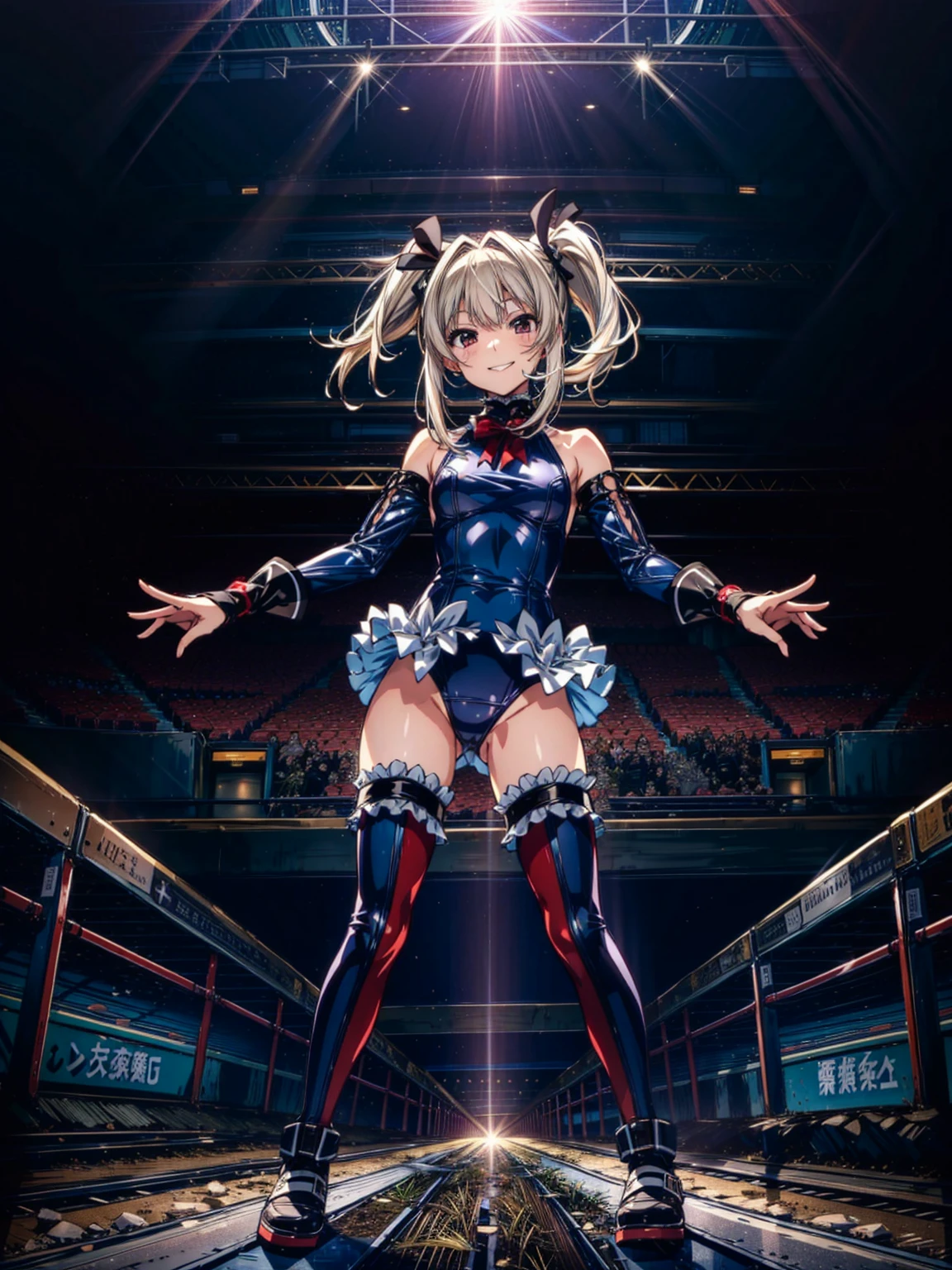 finest masterpiece, Super detailed, Highest quality, Sharp focus, 12k, ultra hi resolution picture, big ,12k,Perfect Anatomy, Highest quality, Marie Rose,Wicked Smile,Provocative attitude
,,Wicked Smile,Anime Style,(frilled swimsuit, thighhighs, detached sleeves), (Anime Style:1.4) ,
,(White fingers:1.1,Black gloves),
(Inside the underground arena:1.6),,(whole body:1.3),