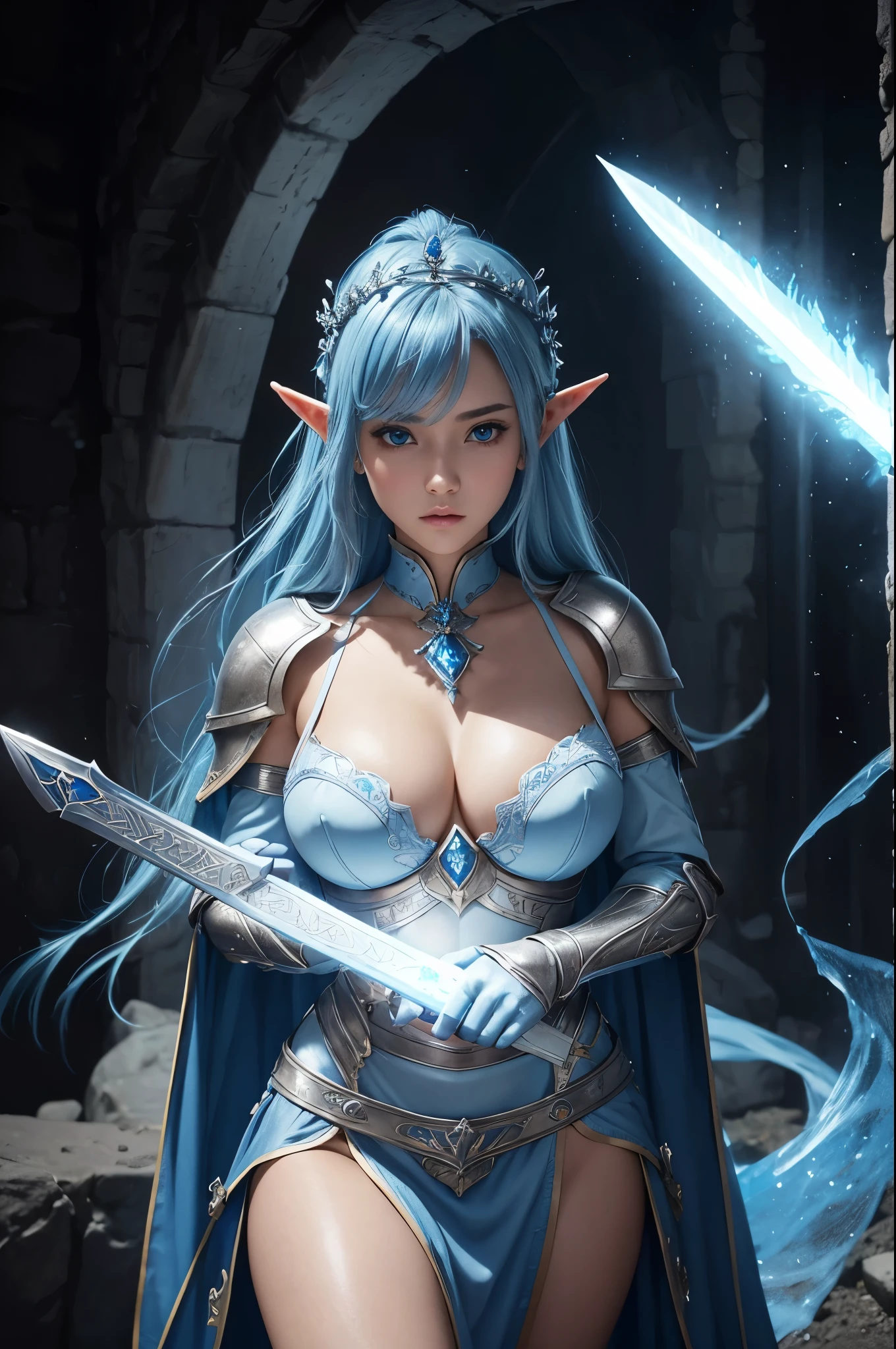 8k、A dark elf paladin in gorgeous blue and white chest armor..、Super Beauty(Realistic)、Tan Skin、Elf Ears、Model Chute Style、(非常にdetailedなCGユニティ8k壁紙)、Full body photos of the most beautiful works of art in the world、Front 4 poses、Blue Hair、Gorgeous blue and white long combat skirt、diamond、Medieval architecture、It was a hot topic on Art Station.、CG Trends、detailed、Every detail、Sharp focus、very, very big breasts、blue eyes、audience、Beautiful expression、Accentuate your cleavage、Beautiful decoration、very大きな笑顔、make、Inside the cave、Tan Skin、Beautiful Blue Hair,Rich colors、Backlight、Cinema Lighting、Film Grain、50mm lens、Nikon D850、Ultra-high resolution、Ultra-realistic、Dynamic fighting pose、In a dark dungeon、compensate,He has a light blue and silver sword,Tan Skin,very, very big breasts,Holy Knight,Russian women,Very large breasts,Blue and white long combat skirt,青と白のVery large breastsのセクシーなプレートの胸鎧(Precise flame work),