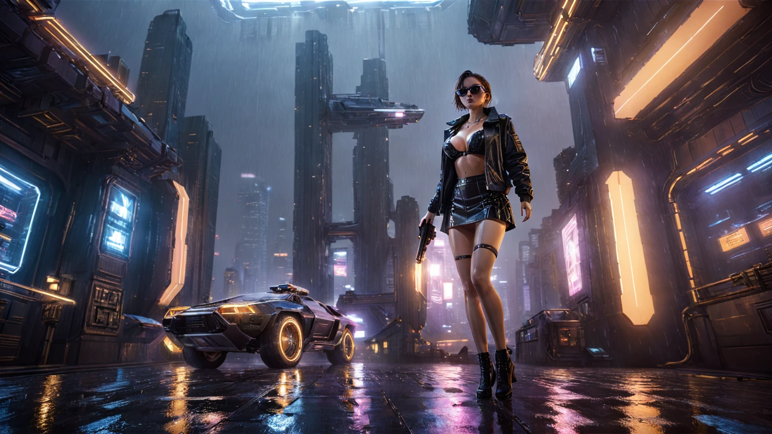 (((aerial view))), Blade Runner style futuristic space station platform, flying cars, neon lights, rainy night. (1girl, solo, alone), large-breast:1.2 slim body, cleavage:1.1, sexy laced lingerie, very low angle view miniskirt, jacket, (black sunglasses), (((she raised a pistol:1.8 and shot the viewer))), dynamic pose, (((half-body thigh level medium shot))), cinematic lighting, lens flare, ray tracing.