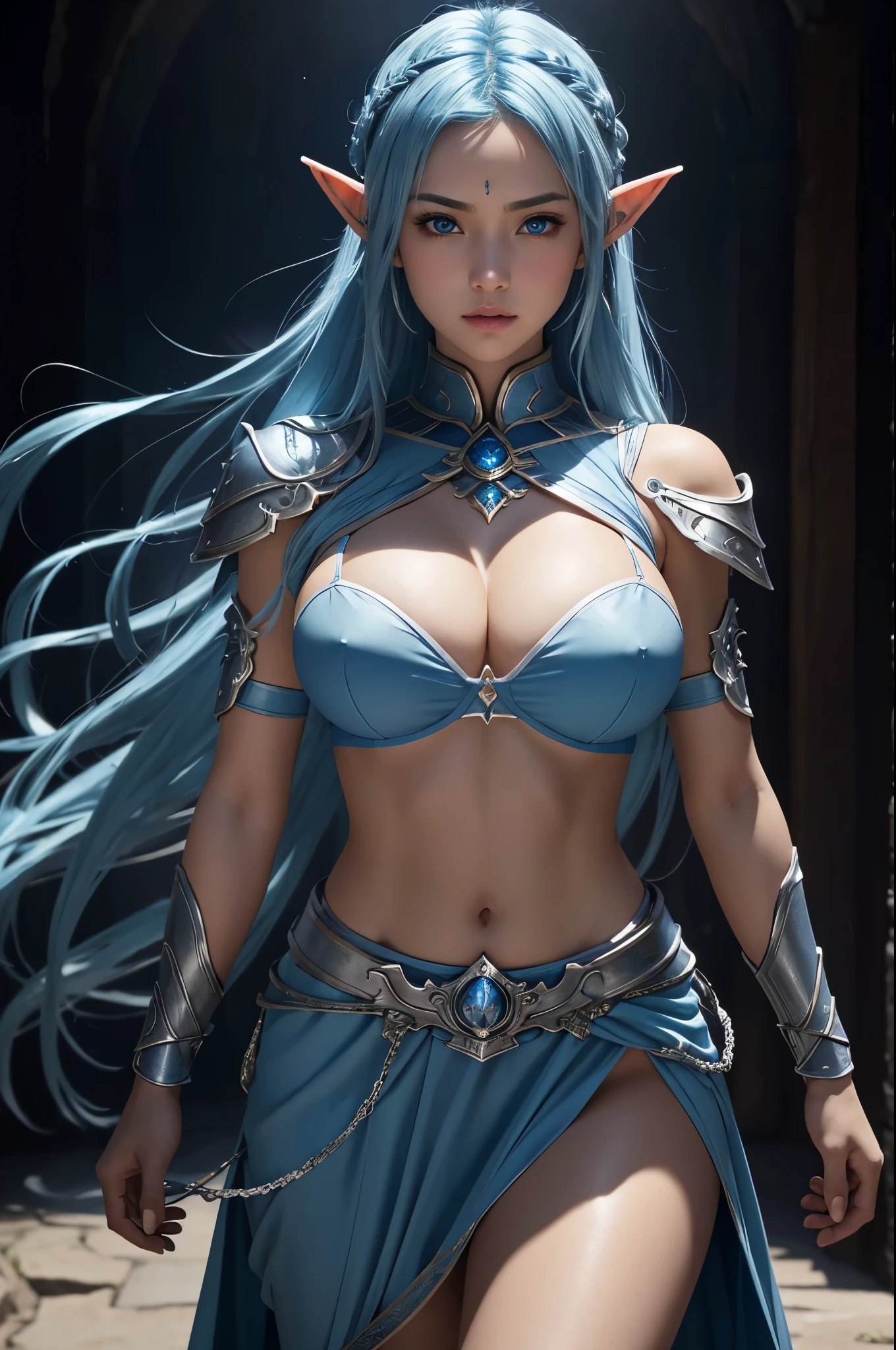 8k、A dark elf paladin in gorgeous blue and white chest armor..、Super Beauty(Realistic)、Tan Skin、Elf Ears、Model Chute Style、(非常にdetailedなCGユニティ8k壁紙)、Full body photos of the most beautiful works of art in the world、Front 4 poses、Blue Hair、Gorgeous blue and white long combat skirt、diamond、Medieval architecture、It was a hot topic on Art Station.、CG Trends、detailed、Every detail、Sharp focus、very, very big breasts、blue eyes、audience、Beautiful expression、Accentuate your cleavage、Beautiful decoration、very大きな笑顔、make、Inside the cave、Tan Skin、Beautiful Blue Hair,Rich colors、Backlight、Cinema Lighting、Film Grain、50mm lens、Nikon D850、Ultra-high resolution、Ultra-realistic、Dynamic fighting pose、In a dark dungeon、compensate,He has a light blue and silver sword,Tan Skin,very, very big breasts,Holy Knight,Russian women,Very large breasts,Blue and white long combat skirt,青と白のVery large breastsのセクシーなプレートの胸鎧(Precise flame work),