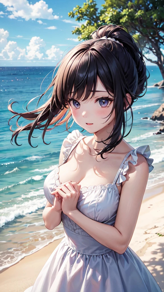 The whole picture is shown,Very cute beautiful girl,A white sundress with delicate ruffles,(Very fine beautiful face), (lol),Black Hair, cloth,Beach,From above), (Highest quality,masterpiece:1.2),Absurd,High resolution,Very detailed,Very detailed,32K,8k resolution, Intricate details,Movie Scenes,Detailed Background,Dynamic Angle, Natural light,Hair blowing in the wind,Beautiful and detailed sky, (practical),ponytail,lol顔がかわいい全体像,Large breasts,微lolんでいる,bright,Holding her hair in both hands,もっとlolって,Five fingers,Touching hair,lol顔,lol顔,lol顔