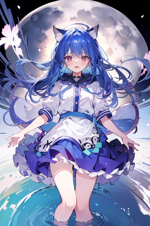 （masterpiece：1.2），Super detailed，lifelike，Expressive eyes，fair skin，perfect face shape，1 girl，
Japanese comics,Gorgeous blue hair,flowing blue hair,flowing clothes,Cat ears,Petals fall,beautiful lola,Baby Angel,
Shaking head with one hand，Cross your legs，Gentle and peaceful background，The pavilion is cool and comfortable,smile, wearing hoodie, background of tokyo,back views,snowing, winter,lie on the water,Reflection on the surface of the water，Full moon night。