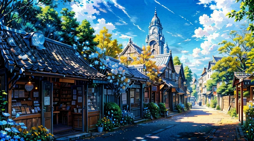 The town streets are lined with trees,Blue sky and white clouds,sunny,There are new small shops on both sides.,Small Cafe,Small Book Bar,There were a lot of flowers,Healing style
