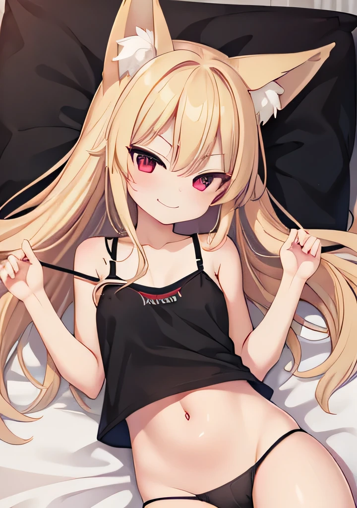 highest quality、Smirking face、Red Eye、Small breasts、belly button、Panty shot、Fox ears、Long blonde、Black camisole、Black panties、bed