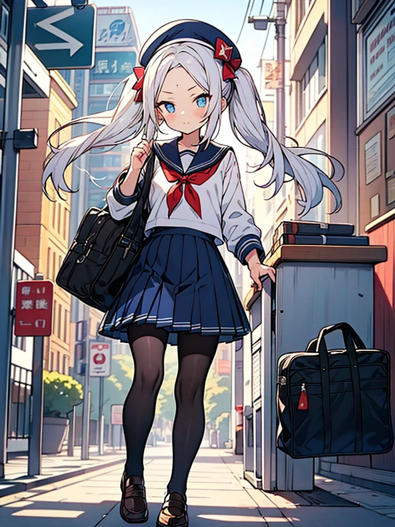 God Work Illustration,anime style,Forehead showing, twintail hair, white hair, blue eyes, school sailor uniform and black school pantyhose,beret,holding teacher's canee,scornful eyes,13yo and 120cm,forehead,1 school bag,walking In school zone,ganbaru zoi!,