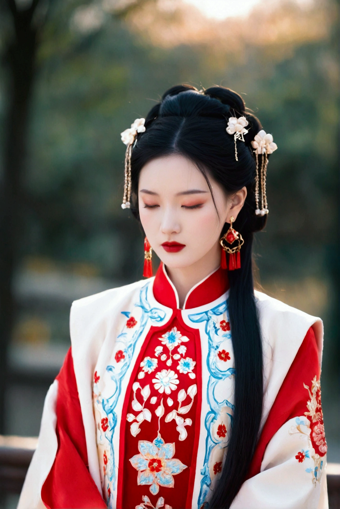 1girl, solo, black hair, hair ornament, dress, jewelry, closed mouth, opened eyes, upper body, earrings, blurry, blurry background, chinese clothes,White coat, red dress, red lips