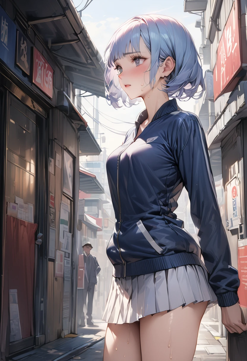 ((masterpiece,Highest quality:1.3,best quality illustration)),(realistic)cowboy shot,独奏,1woman,(Mature Beauty),light blue hair,short hair,bangs,gray eyes,(gorgeous eyes),((very small head)),shy,((very long body,skinny)),medium breasts,((Navy blue baseball jacket、White pleated mini skirt)),gleaming skin,oily skin,slender body,sweat,standing,on street,Shibuya Station、nsfw,