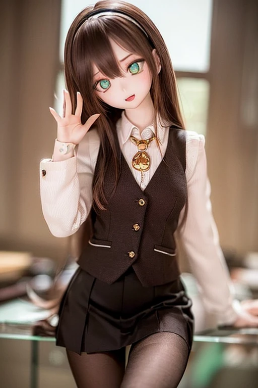 (SFW:2), photorealistic, realistic photo, 8k, ((highest quality)), ((masterpiece)), (extremely detailed), kukolnydom, doll, (mature woman, 22yo, 22 years old, solo:1.6), ((cowboy shot, head tilt, waving, slim, slender, skinny, medium breasts, hairband, ascot, vest, blouse, long puff sleeves, pleated skirt, black pantyhose)), (green eyes, brown hair, long hair, plastic skin, looking at another, glass eyes, gradient eyes, shining eyes, detailed eyes:1.3)