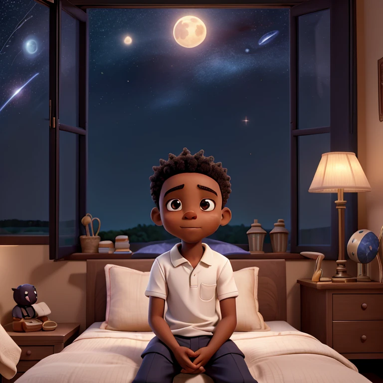 Small black African American boy in bed worried, pensive, stressed with mother sitting on bed with warm smile listening to him, with scenery of a space themed room with a window showing the dark glowing sky with stars and a full moon. A happy star shining and lit up the sky.