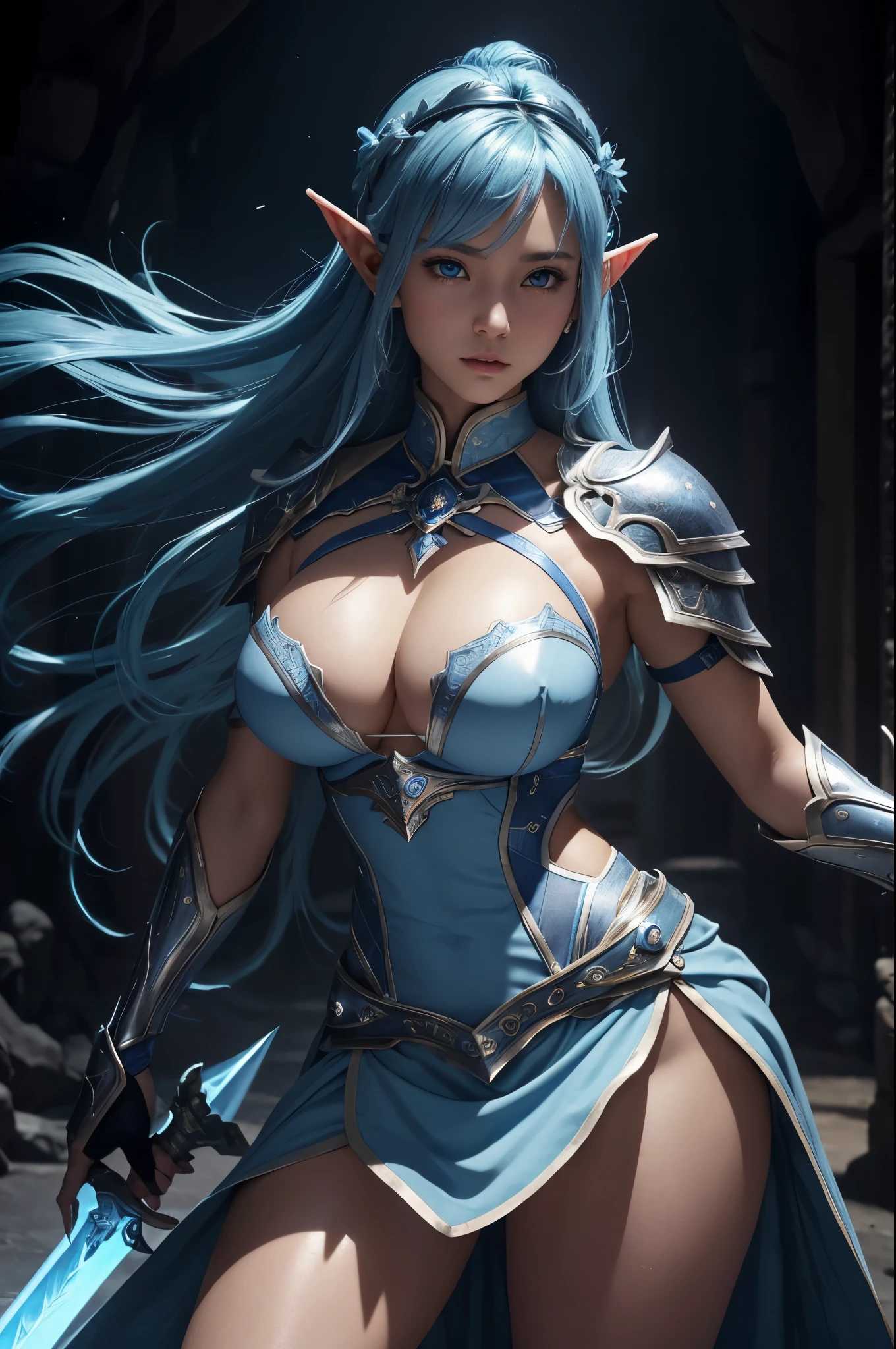 8k、A dark elf paladin in gorgeous blue and white chest armor..、Super Beauty(Realistic)、Tan Skin、Elf Ears、Model Chute Style、(非常にdetailedなCGユニティ8k壁紙)、Full body photos of the most beautiful works of art in the world、Front 4 poses、Blue Hair、Gorgeous blue and white long combat skirt、diamond、Medieval architecture、It was a hot topic on Art Station.、CG Trends、detailed、Every detail、Sharp focus、very, very big breasts、blue eyes、audience、Beautiful expression、Accentuate your cleavage、Beautiful decoration、very大きな笑顔、make、Inside the cave、Tan Skin、Beautiful Blue Hair,Rich colors、Backlight、Cinema Lighting、Film Grain、50mm lens、Nikon D850、Ultra-high resolution、Ultra-realistic、Dynamic fighting pose、In a dark dungeon、compensate,He has a light blue and silver sword,Tan Skin,very, very big breasts,Holy Knight,Russian women,Very large breasts,Blue and white long combat skirt,青と白のVery large breastsのセクシーなプレートの胸鎧(Precise flame work),