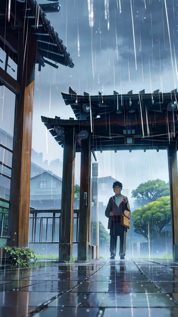 Ghibli-style animation、In front of the gate of an old Japanese high school、Rain begins to fall。A high school boy looks up at the sky with a worried expression。Raindrops falling、The background depicts a wooden school building and abundant nature.。The colors are soft、With warm tones。