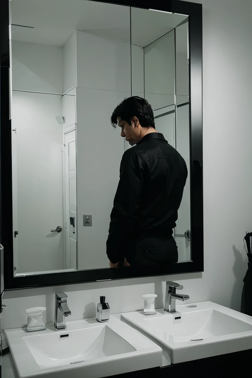 dark black and white design of a man facing the mirror