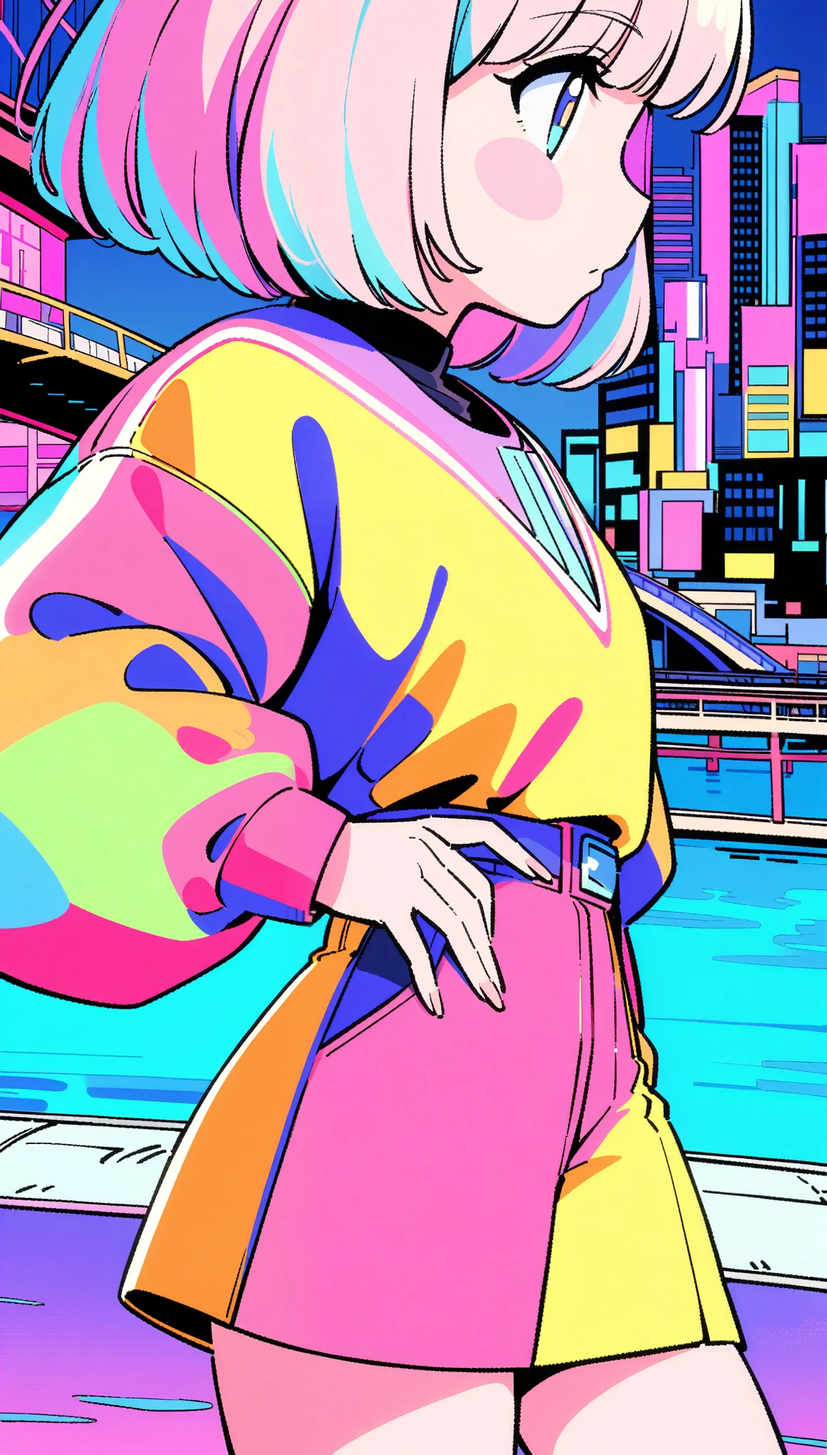 masterpiece, Highest quality, Beautiful attention to detail, Very detailed, In detail, High resolution, Perfect Anatomy, colorful, pastel colour, One girl, alone, (City pop illustrations), (City Pop Art), Simple Background, Retro Style, (Vaporwave City Pop), (1980s City Pop), (City Pop Anime), (river, bridge), Retro Style, 1980s Fashion, Cowboy Shot,