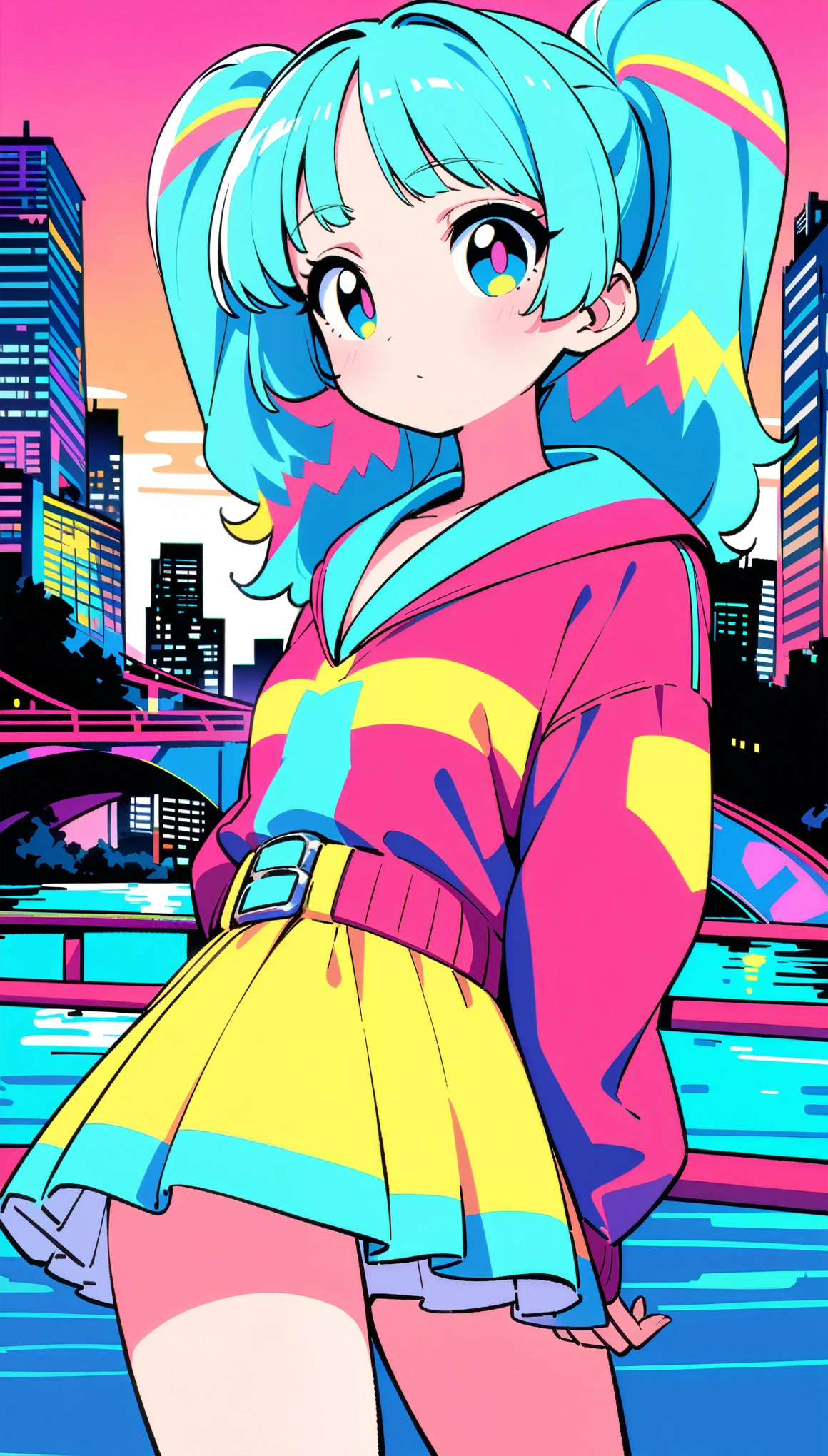 masterpiece, Highest quality, Beautiful attention to detail, Very detailed, In detail, High resolution, Perfect Anatomy, colorful, pastel colour, One girl, alone, (City pop illustrations), (City Pop Art), Simple Background, Retro Style, (Vaporwave City Pop), (1980s City Pop), (City Pop Anime), (river, bridge), Retro Style, 1980s Fashion, Cowboy Shot,