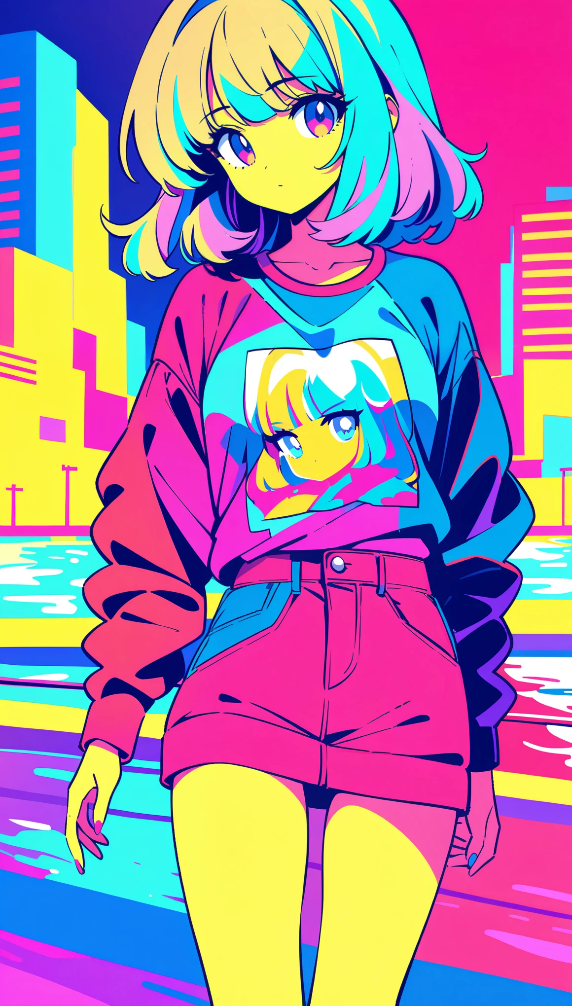 masterpiece, Highest quality, Beautiful attention to detail, Very detailed, In detail, High resolution, Perfect Anatomy, colorful, pastel colour, One girl, alone, (City pop illustrations), (City Pop Art), Simple Background, Retro Style, (Vaporwave City Pop), (1980s City Pop), (City Pop Anime), (river, bridge), Retro Style, 1980s Fashion, Cowboy Shot,