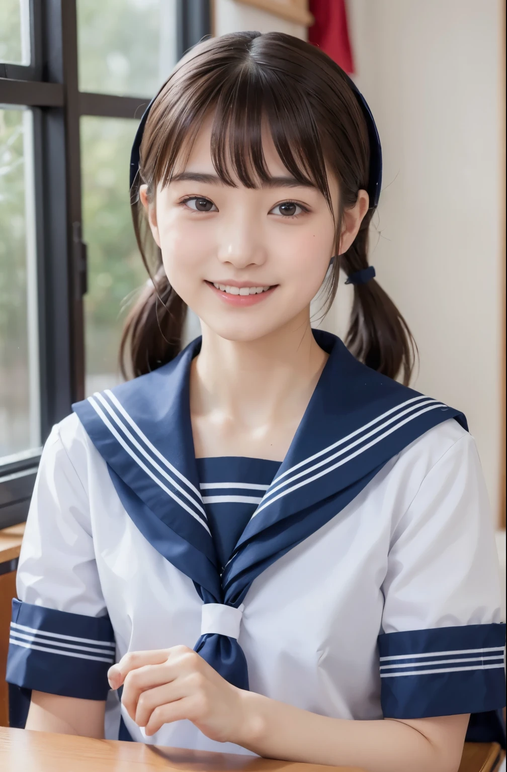 ((top quality, 8k, table top: 1.3)), beauty, 1 Japanese girl, dark brown hair, 18 years old, , smile, stand near the classroom window, dull bangs, Lower ponytail, face focus, detailed face, highly detailed lips, fine eyes, double eyelid, sweaty skin: 1.2, (((school uniform, sailor suit,)))