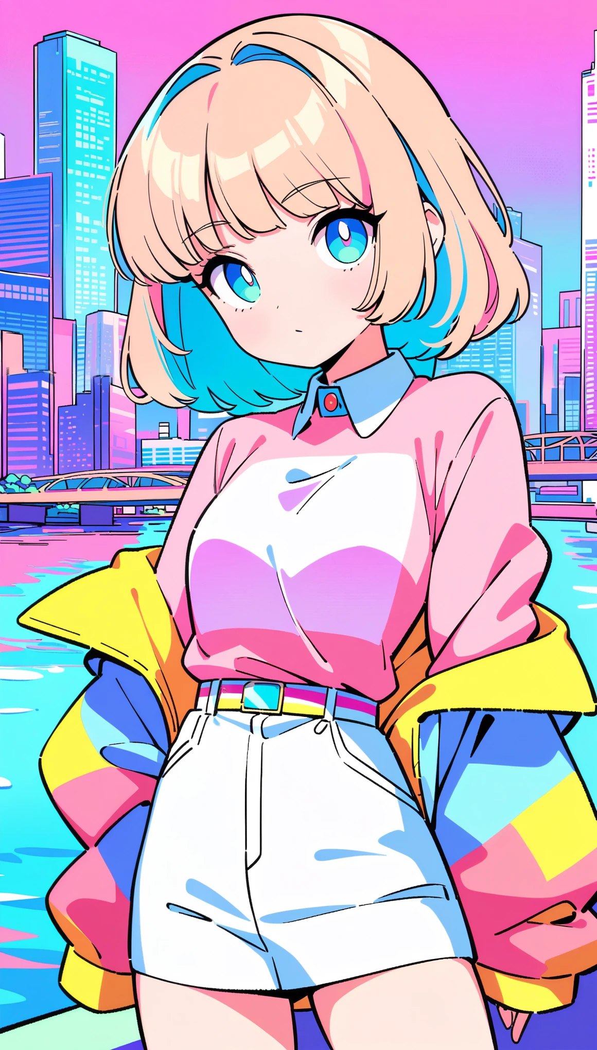 masterpiece, Highest quality, Beautiful attention to detail, Very detailed, In detail, High resolution, Perfect Anatomy, colorful, pastel colour, One girl, alone, (City pop illustrations), (City Pop Art), Simple Background, Retro Style, (Vaporwave City Pop), (1980s City Pop), (City Pop Anime), (river, bridge), Retro Style, 1980s Fashion, Cowboy Shot,