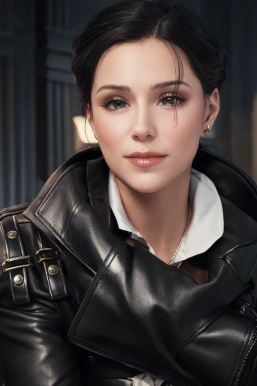 She wears black leather gloves on both hands.、black leather rider jacket、Black Leather Skinny Pants、Black leather long boots、Chest necklace、Glamorous female physique