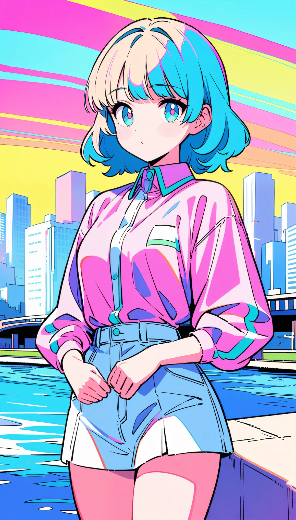 masterpiece, Highest quality, Beautiful attention to detail, Very detailed, In detail, High resolution, Perfect Anatomy, colorful, pastel colour, One girl, alone, (City pop illustrations), (City Pop Art), Simple Background, Retro Style, (Vaporwave City Pop), (1980s City Pop), (City Pop Anime), (river, bridge), Retro Style, 1980s Fashion, Cowboy Shot,