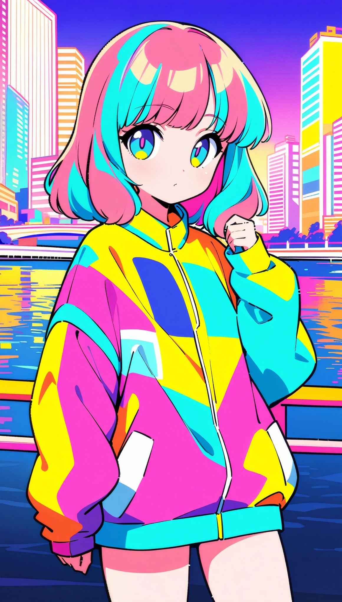 masterpiece, Highest quality, Beautiful attention to detail, Very detailed, In detail, High resolution, Perfect Anatomy, colorful, pastel colour, One girl, alone, (City pop illustrations), (City Pop Art), Simple Background, Retro Style, (Vaporwave City Pop), (1980s City Pop), (City Pop Anime), (river, bridge), Retro Style, 1980s Fashion, Cowboy Shot,