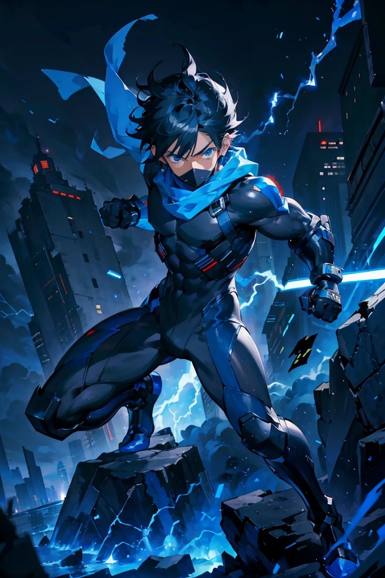 ((muste piece)), ((best quality)), ((dark blue eyes)), ((Dark black hair)),full-body picture,ninja hero boy,sexy shota,cold expression,black mask,black and blue white tight bodysuit,skin texture hero suit, long blue broken scarf,blue tabi socks,ninja pose, ((very very short hair,spiky hairstyle)),masculine,sexy,Sanpaku Eyes,muscle,Lightning special effects