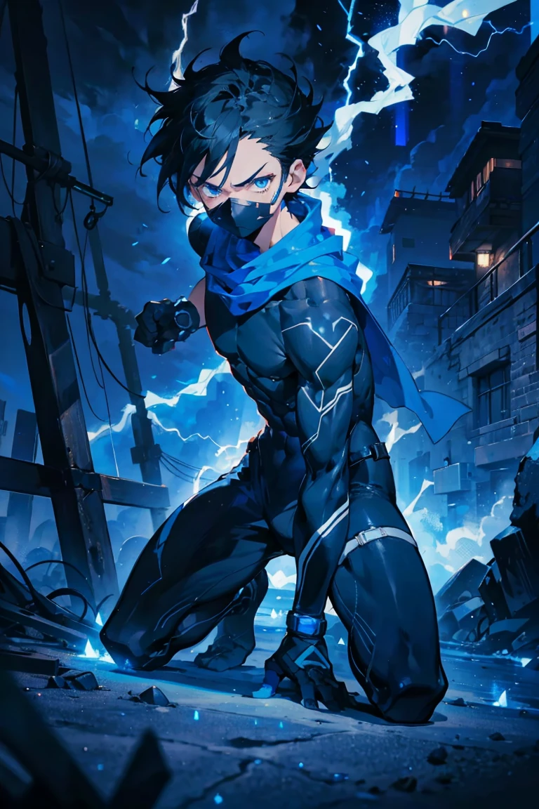 ((muste piece)), ((best quality)), ((dark blue eyes)), ((Dark black hair)),full-body picture,ninja hero boy,sexy shota,cold expression,black mask,black and blue white tight bodysuit,skin texture hero suit, long blue broken scarf,blue tabi socks,ninja pose, ((very very short hair,spiky hairstyle)),masculine,sexy,Sanpaku Eyes,muscle,Lightning special effects