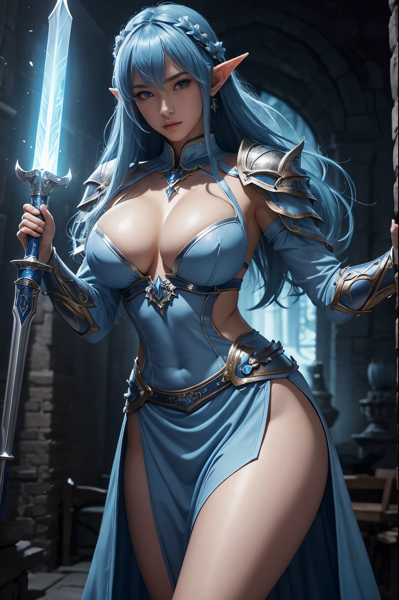 8k、A dark elf paladin in gorgeous blue and white chest armor..、Super Beauty(Realistic)、Tan Skin、Elf Ears、Model Chute Style、(非常にdetailedなCGユニティ8k壁紙)、Full body photos of the most beautiful works of art in the world、Front 4 poses、Blue Hair、Gorgeous blue and white long combat skirt、diamond、Medieval architecture、It was a hot topic on Art Station.、CG Trends、detailed、Every detail、Sharp focus、very, very big breasts、blue eyes、audience、Beautiful expression、Accentuate your cleavage、Beautiful decoration、very大きな笑顔、make、Inside the cave、Tan Skin、Beautiful Blue Hair,Rich colors、Backlight、Cinema Lighting、Film Grain、50mm lens、Nikon D850、Ultra-high resolution、Ultra-realistic、Dynamic fighting pose、In a dark dungeon、compensate,He has a light blue and silver sword,Tan Skin,very, very big breasts,Holy Knight,Russian women,Very large breasts,Blue and white long combat skirt,青と白のVery large breastsのセクシーなプレートの胸鎧(Precise flame work),