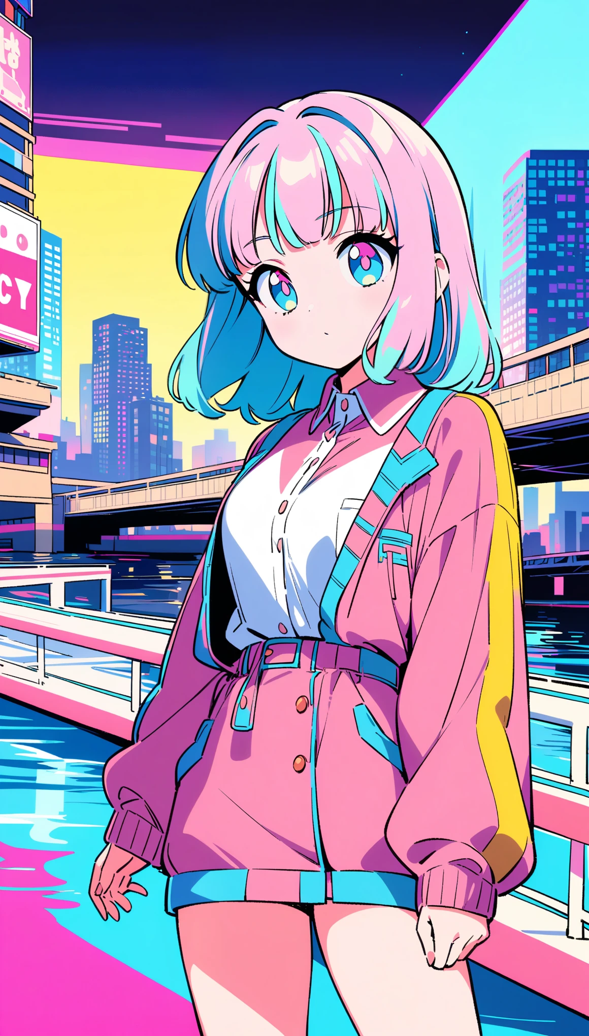 masterpiece, Highest quality, Beautiful attention to detail, Very detailed, In detail, High resolution, Perfect Anatomy, colorful, pastel colour, One girl, alone, (City pop illustrations), (City Pop Art), Simple Background, Retro Style, (Vaporwave City Pop), (1980s City Pop), (City Pop Anime), (river, bridge), Retro Style, 1980s Fashion, Cowboy Shot, Kyoto Animation,