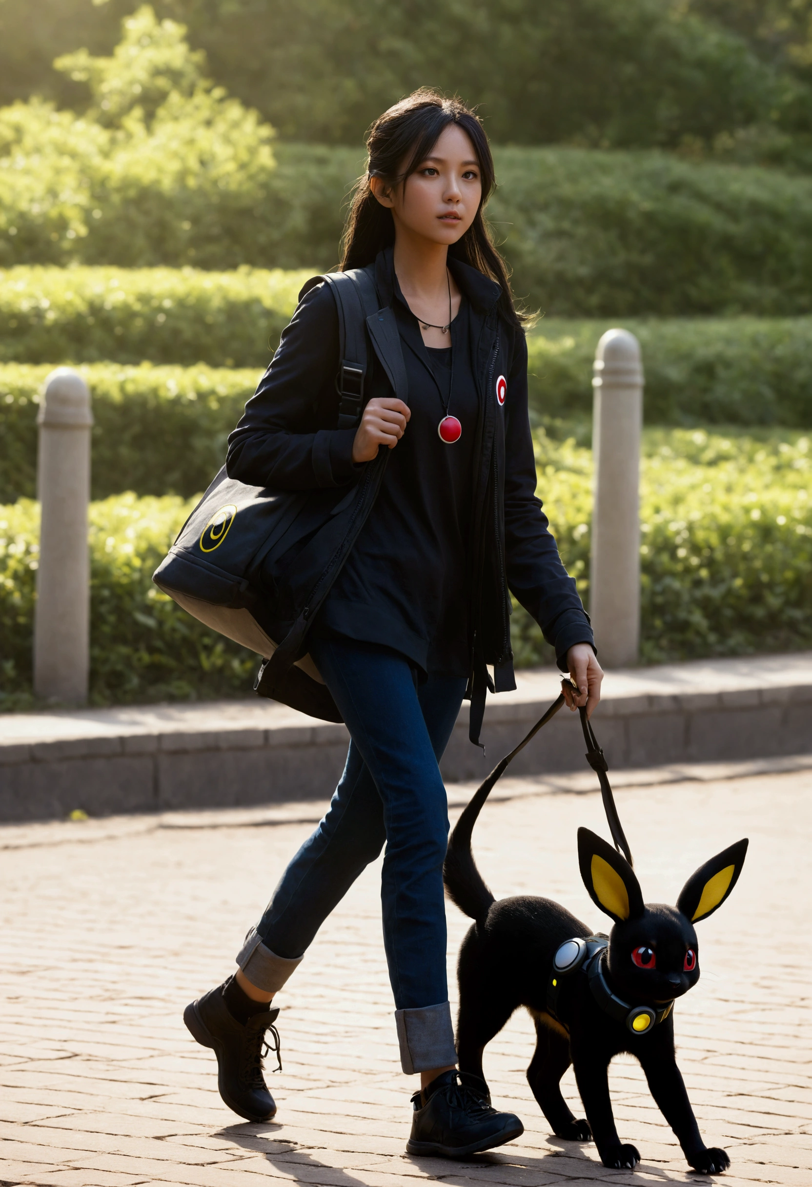 A woman walking with the Pokémon Umbreon