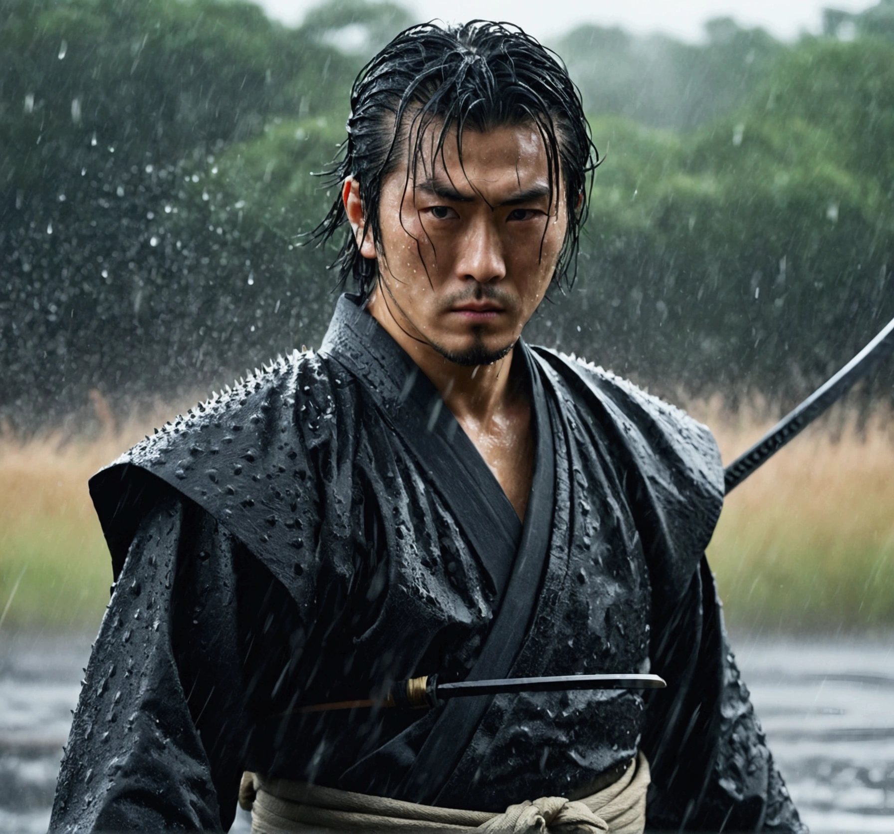 A Japanese swordsman, wearing a black haori, katana on the waist, cinematic,water drops, raining,in the middle of a battlefield, surrounded by other samurai,Short spiky hair,relaxed hair,scar on the face